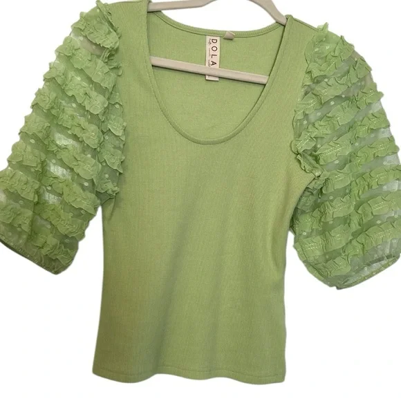 Dolan |Anthropologie Ruffle Sleeve Top in Green - Picture 3 of 10